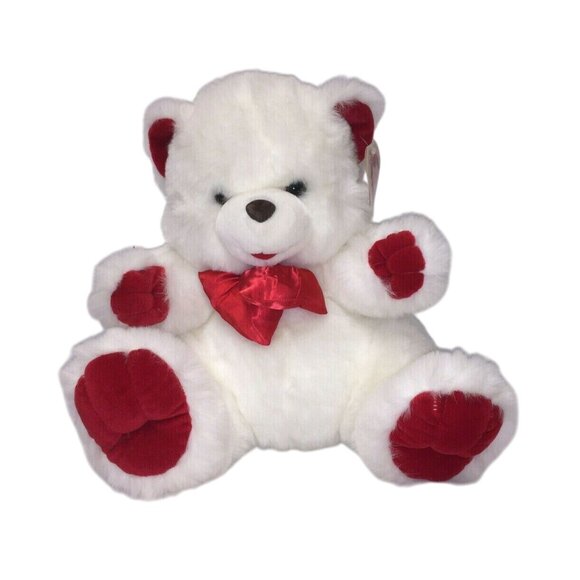 Fluffy White Stuffed VALENTINE'S DAY BEAR Plush RED Bow 16" Tall - Picture 1 of 10